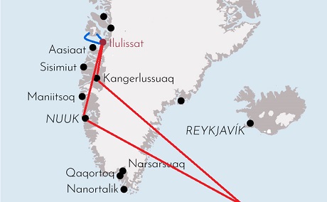 Karte zur Flugreise Grönlands majestätische Eisberge