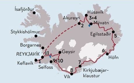 Karte zur Mietwagenrundreise Faszinierendes Island