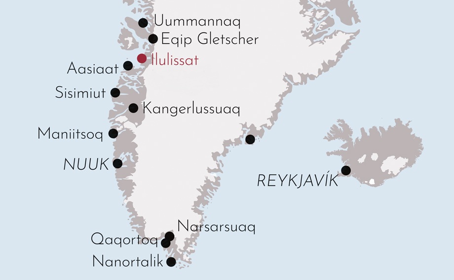 Karte zur Flugreise Grönlands majestätische Eisberge