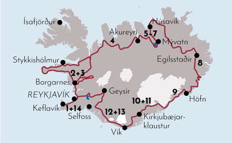 Karte zur Mietwagenrundreise Die grosse Rundreise in Island