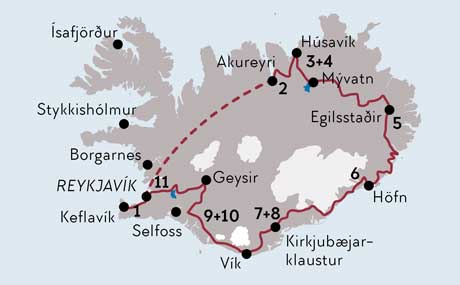 Karte zur Mietwagenrundreise Faszinierendes Island