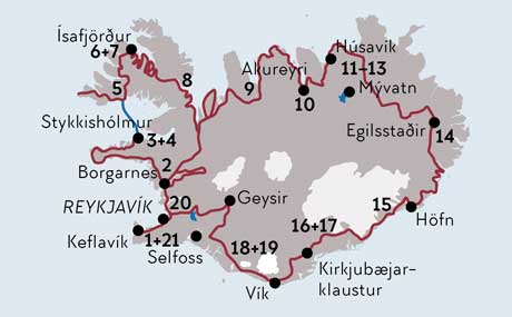 Karte zur Mietwagenrundreise Island exklusiv