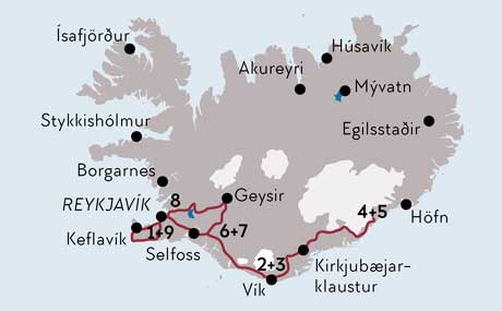 Karte zur Mietwagenrundreise Island gemütlich