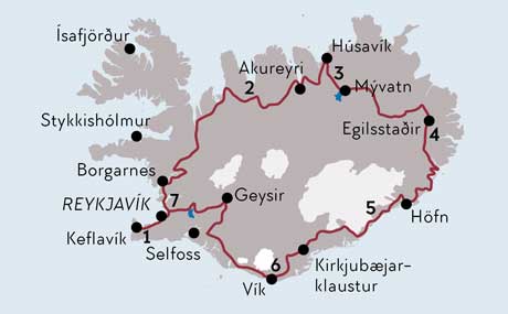 Karte zur Mietwagenrundreise Island in acht Tagen